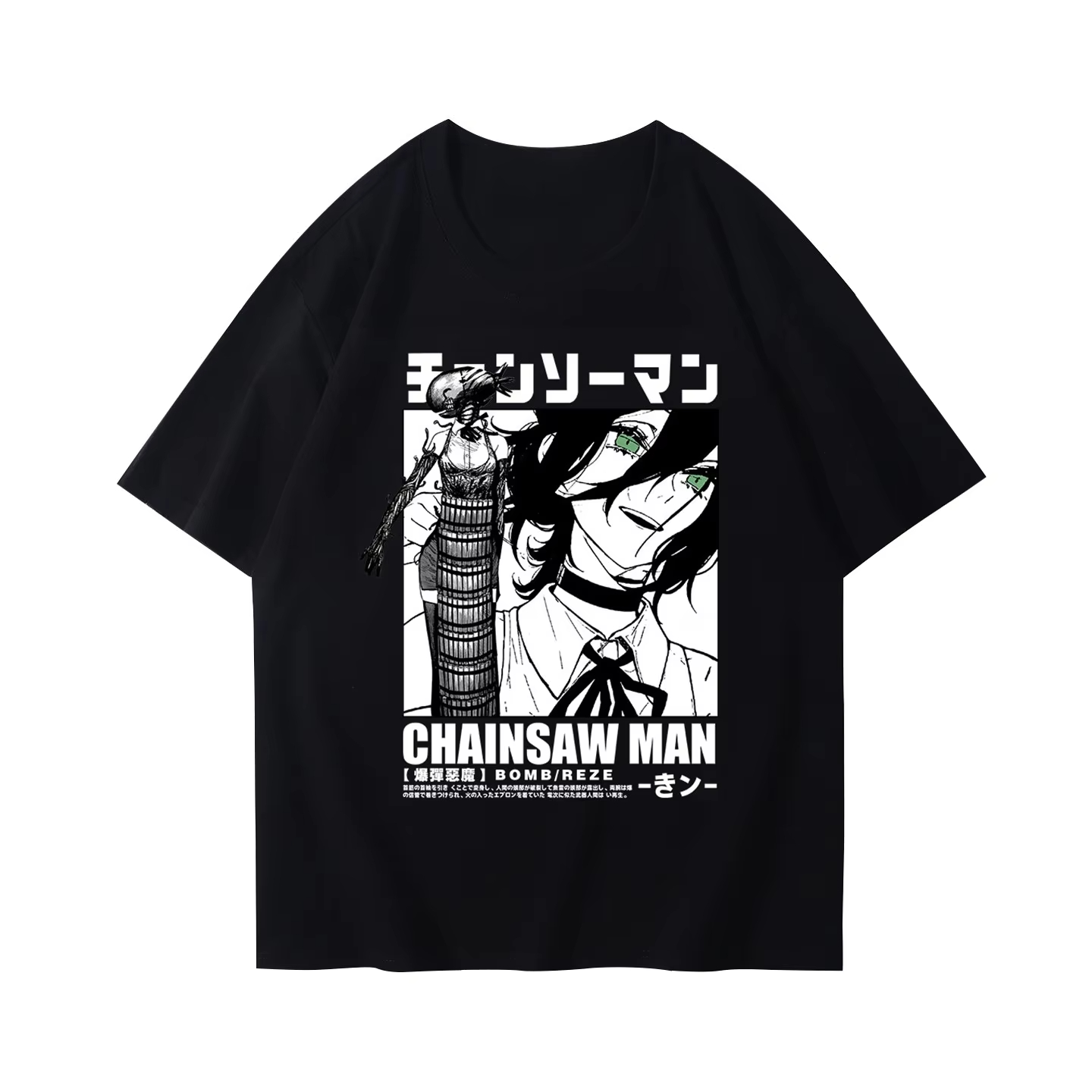 Anime Merchandise T Shirt - เสื้อยืดแฟชั่นลาย Chainsaw Man สำหรับฤดูใบไม้ร่วงและฤดูหนาว สไตล์อนิเมะญี่ปุ่น สีดำ