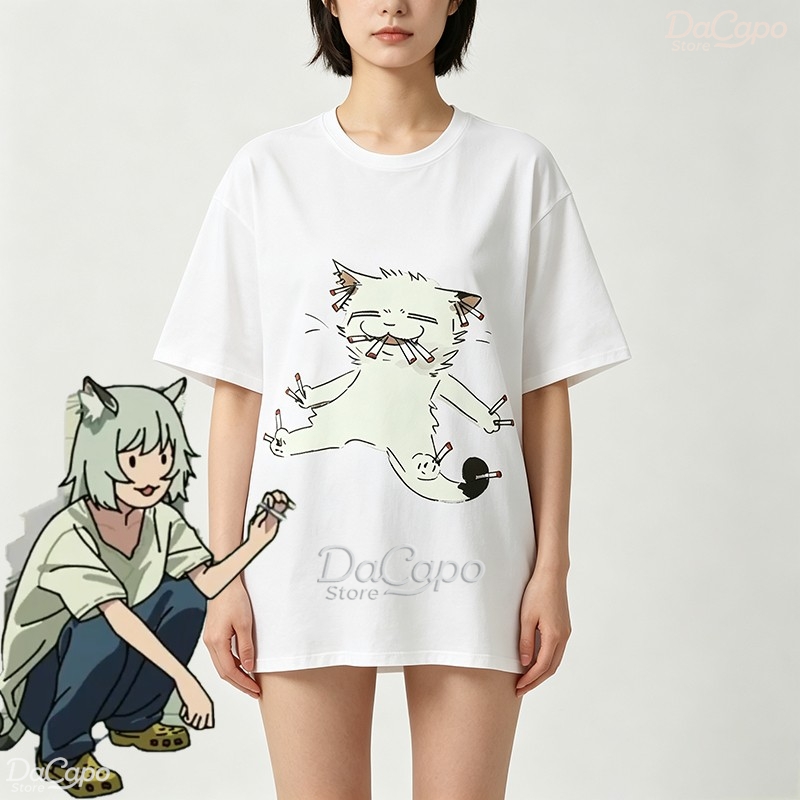 Anime Merchandise T Shirt - เสื้อยืดแขนสั้นลายการ์ตูนน่ารัก Chainsmoker Cat Yaniko Satou ผ้าฝ้าย